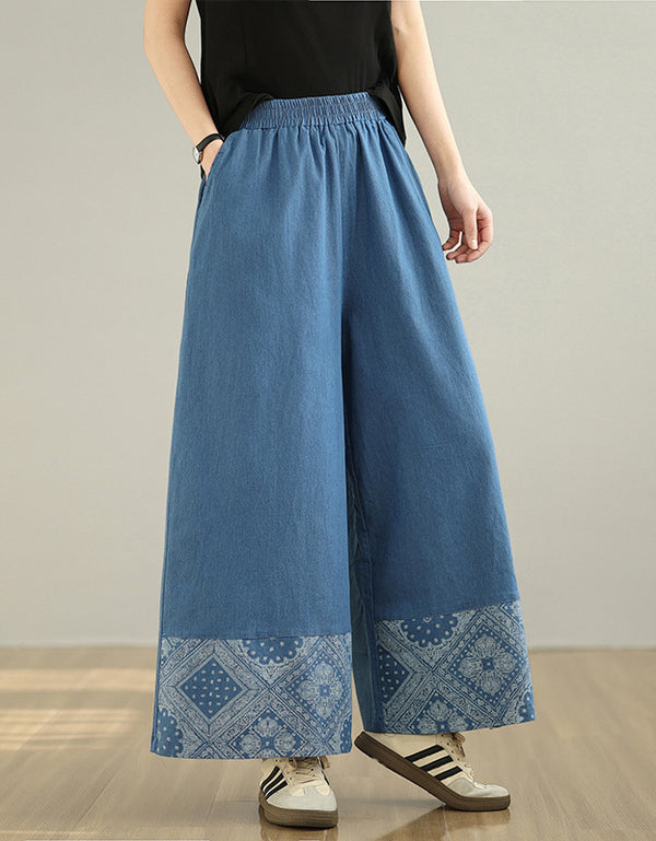 Soft Comfortable Floral Wide leg Denim Pants