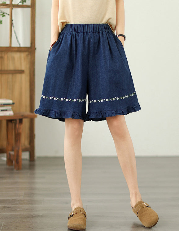 Soft Floral Embroidered Ruffle Denim Shorts