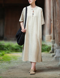 Soft Natural Look Loose Fit Cotton Linen Midi Dress