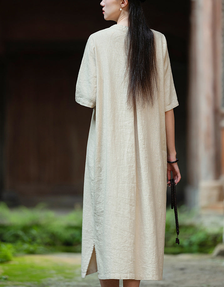 Soft Natural Look Loose Fit Cotton Linen Midi Dress