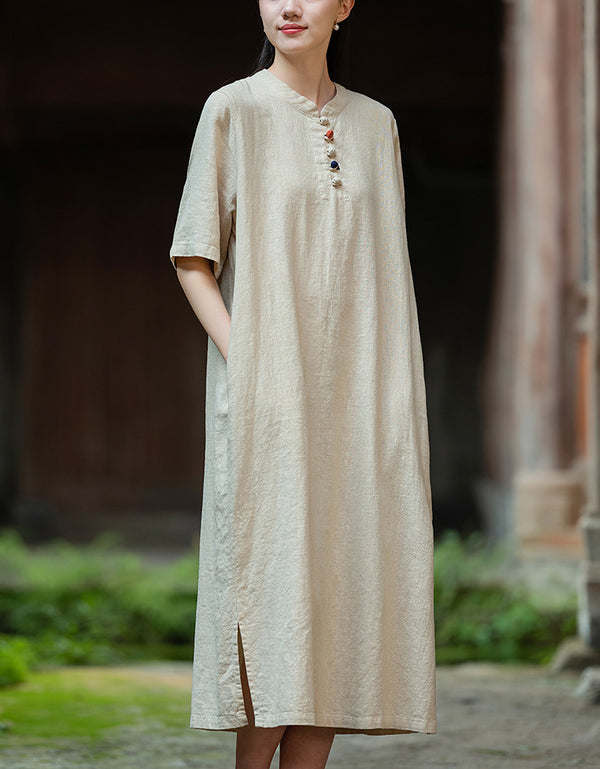 Soft Natural Look Loose Fit Cotton Linen Midi Dress