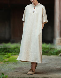 Soft Natural Look Loose Fit Cotton Linen Midi Dress