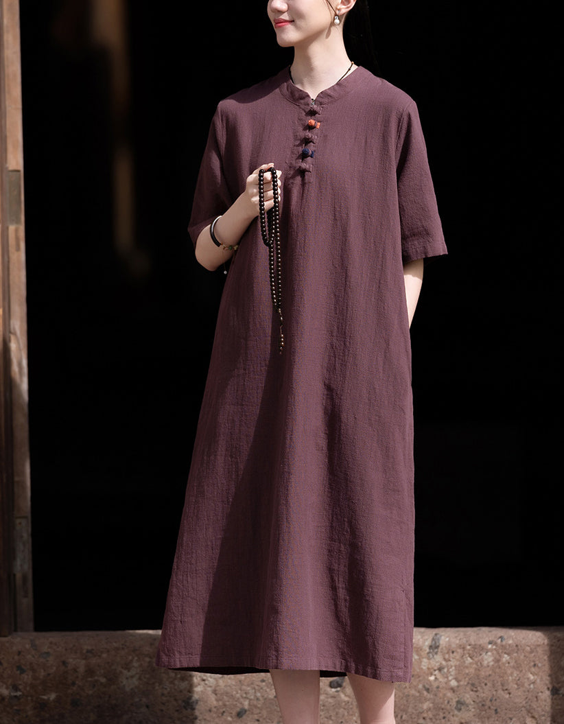 Soft Natural Look Loose Fit Cotton Linen Midi Dress