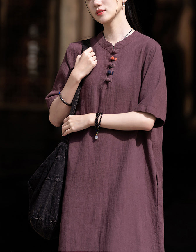 Soft Natural Look Loose Fit Cotton Linen Midi Dress