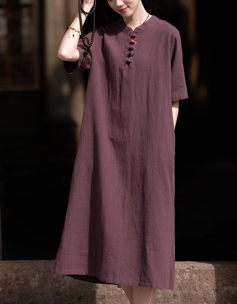 Soft Natural Look Loose Fit Cotton Linen Midi Dress