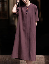 Soft Natural Look Loose Fit Cotton Linen Midi Dress