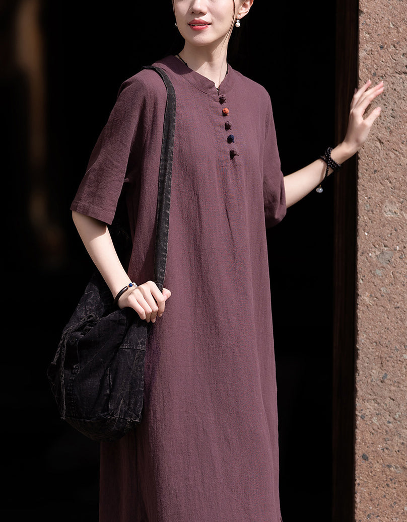 Soft Natural Look Loose Fit Cotton Linen Midi Dress