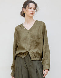 Olive Linen V‑Neck Blouse with Elastic Hem