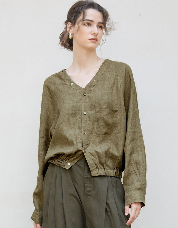 Olive Linen V‑Neck Blouse with Elastic Hem