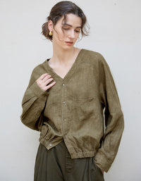 Minimalist Linen V‑Neck Top | Olive Green