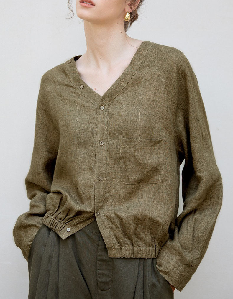 Cropped Olive Linen Blouse with Long Sleeves