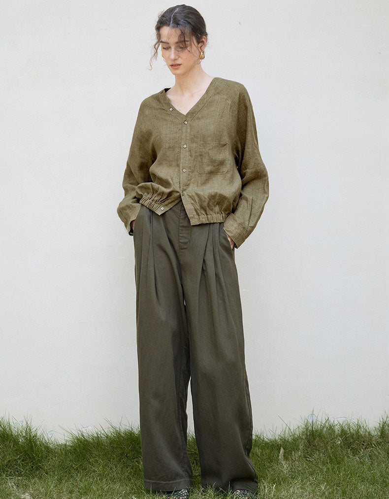 Relaxed Olive Linen Button Front Shirt for Women