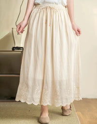 Women’s Apricot  Midi Skirt – Embroidered Cotton Linen Elastic Waist Skirt