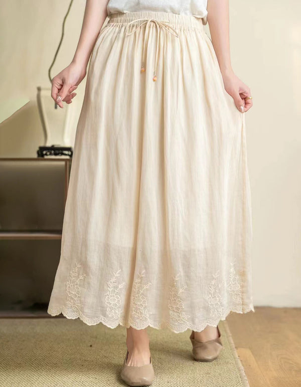 Women’s Apricot  Midi Skirt – Embroidered Cotton Linen Elastic Waist Skirt