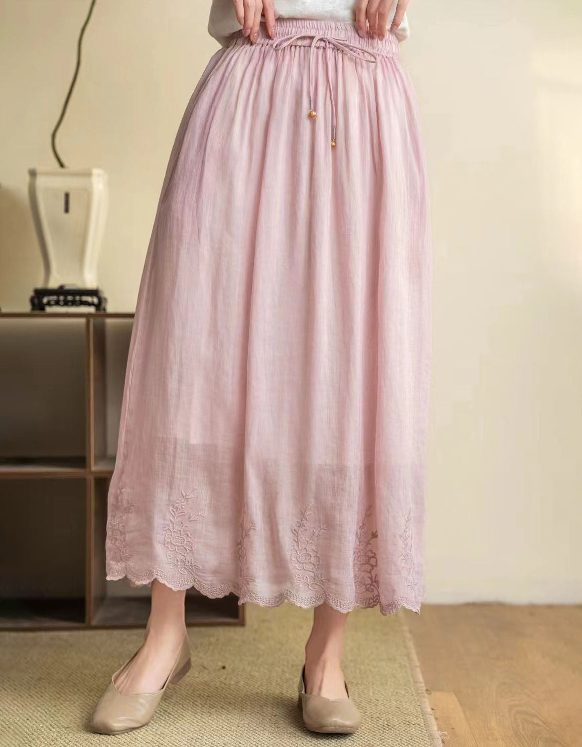 Soft Pink Embroidered Skirt for Women – High Waist Midi Linen Skirt