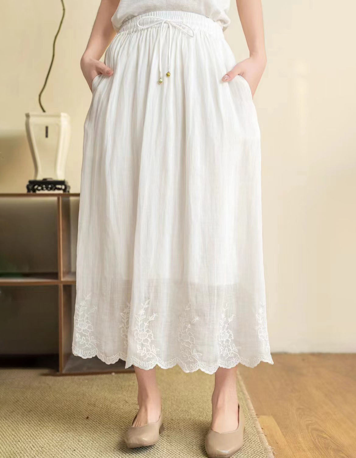 Casual White Cotton Linen Skirt – High Waist Embroidered Midi Skirt