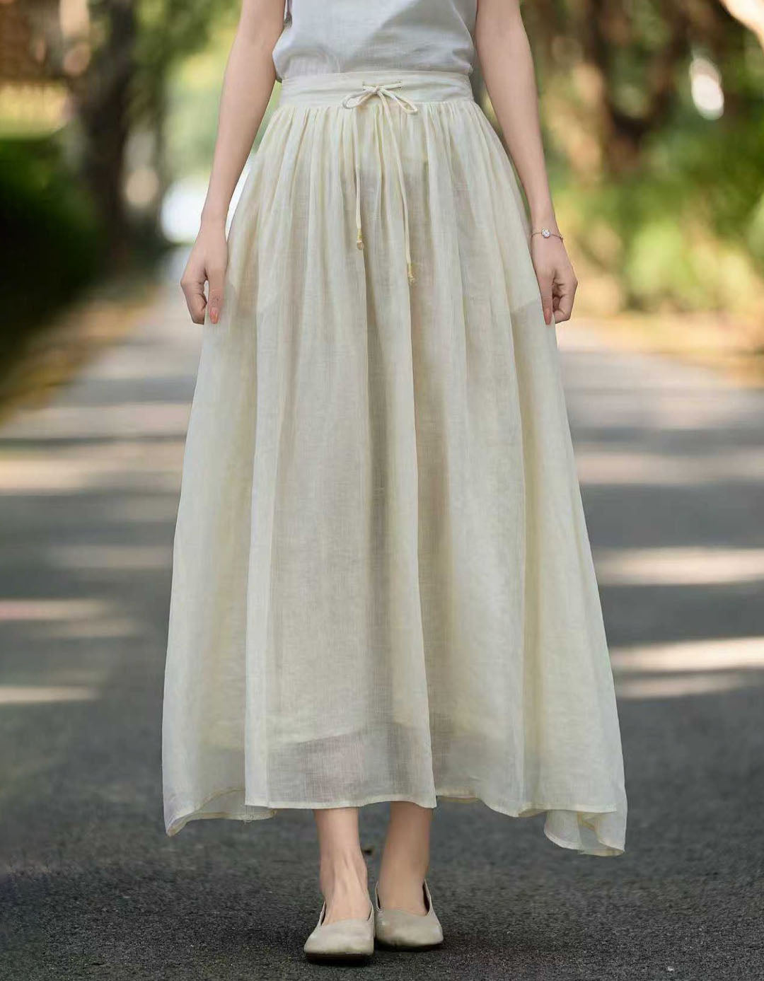 Women Apricot Linen Maxi Skirt Elastic Waist Boho Flowy