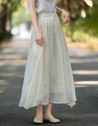 Lightweight Linen Maxi Skirt Apricot Elastic Waist Long