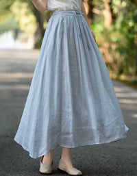 Boho Light Blue Linen Maxi Skirt Loose Fit High Waist Summer