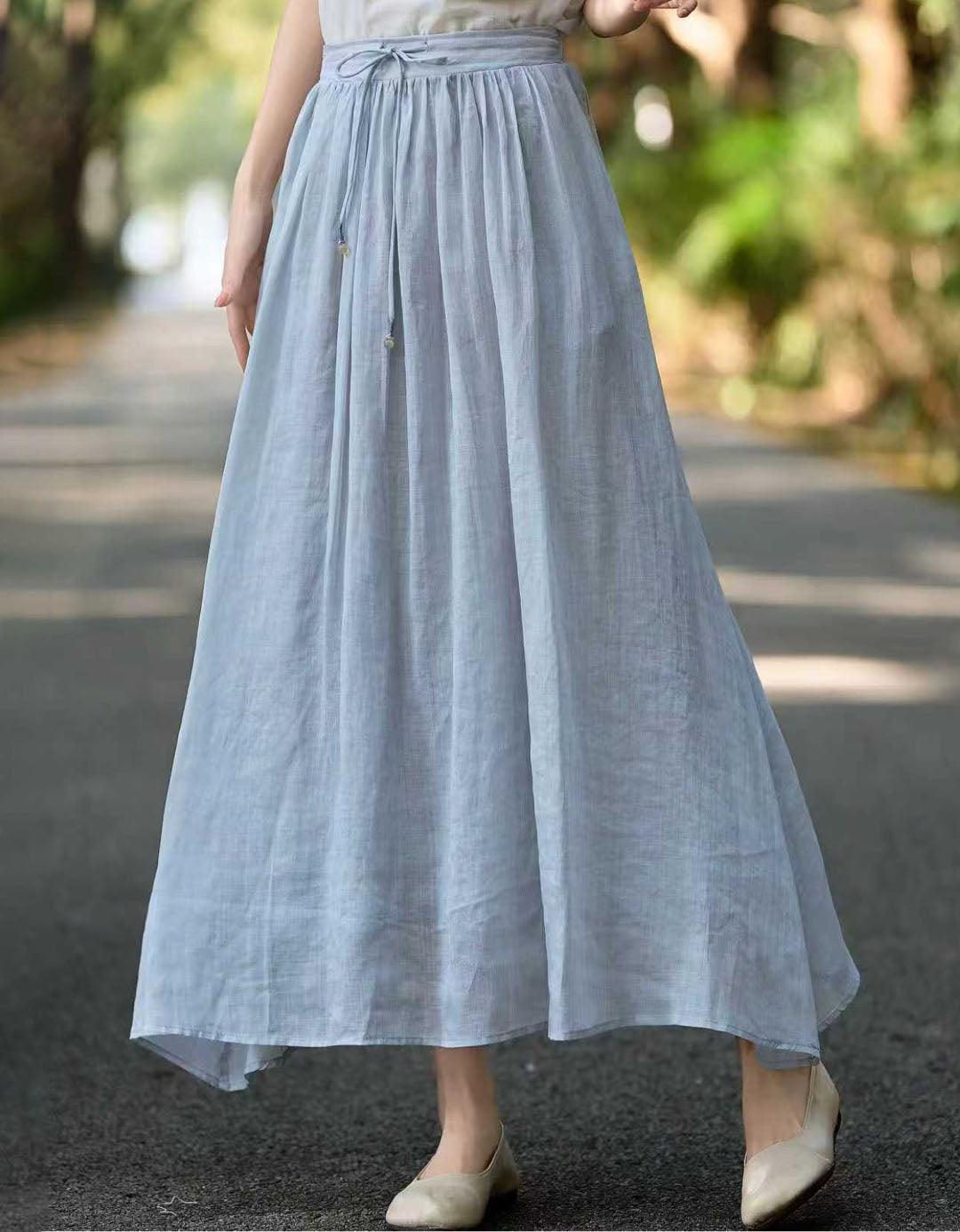 Women Light Blue Linen Maxi Skirt Elastic Waist Boho Flowy