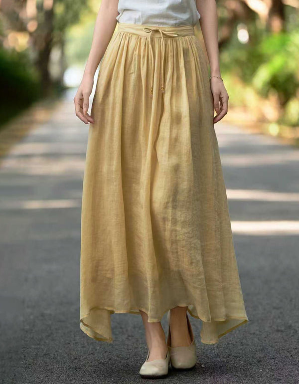Yellow Linen Maxi Skirt High Waist Elastic Flowy Summer