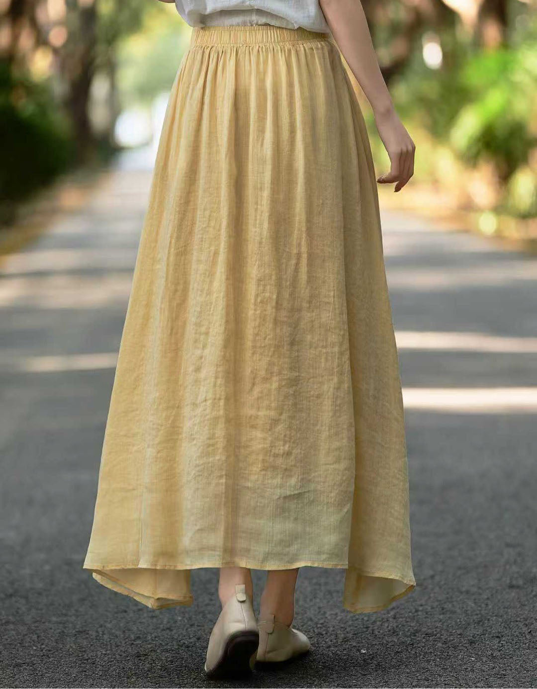Lightweight Linen Maxi Skirt Yellow Elastic Waist Long