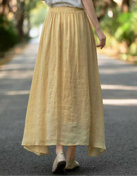 Lightweight Linen Maxi Skirt Yellow Elastic Waist Long