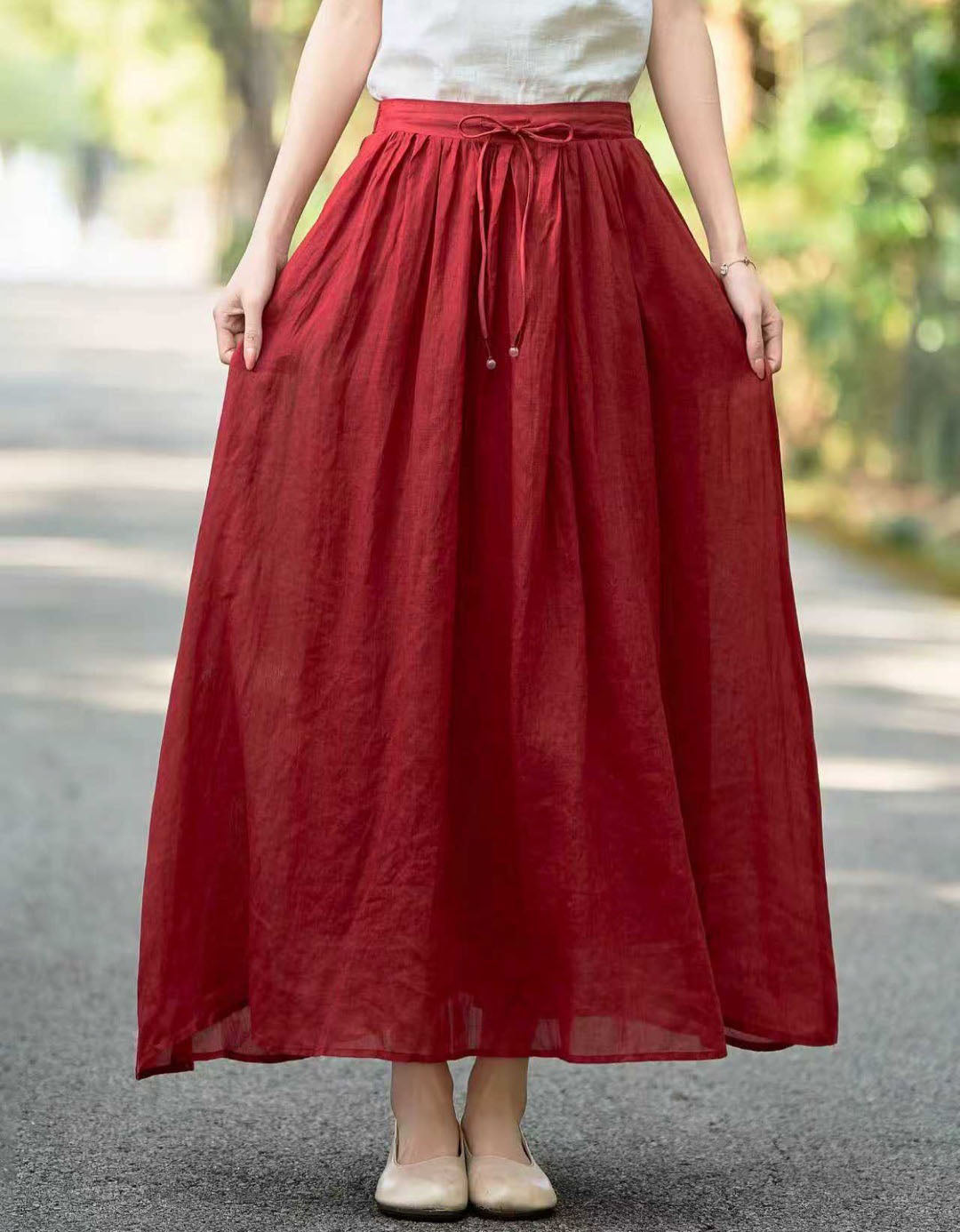 Flowy Red Linen Maxi Skirt High Waist Casual Summer