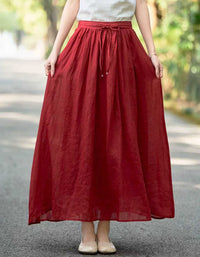 Flowy Red Linen Maxi Skirt High Waist Casual Summer