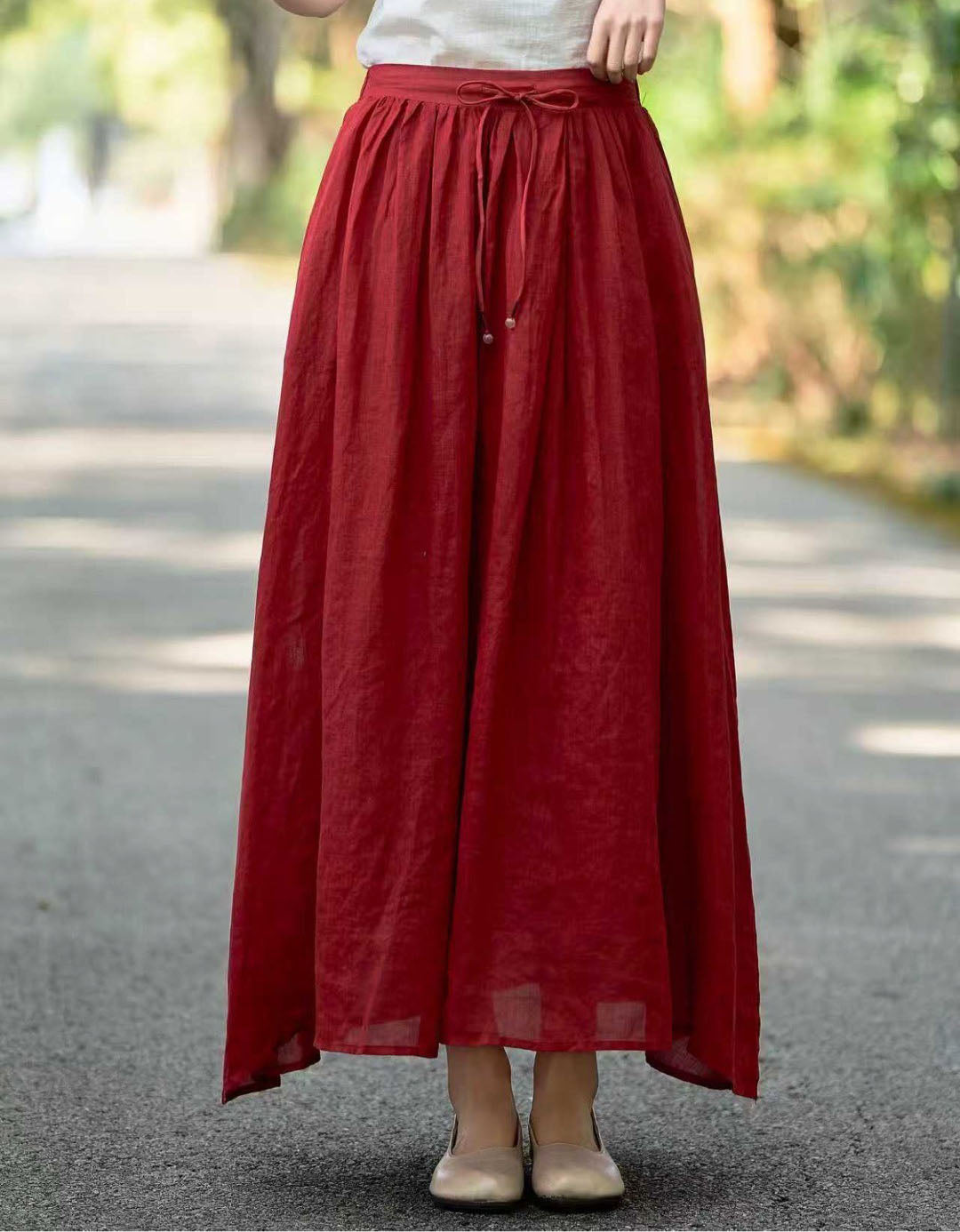Women Linen Maxi Skirt Red Flowy Elastic Waist Long