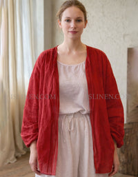 Womens red linen cardigan lightweight loose fit summer outerwear front view