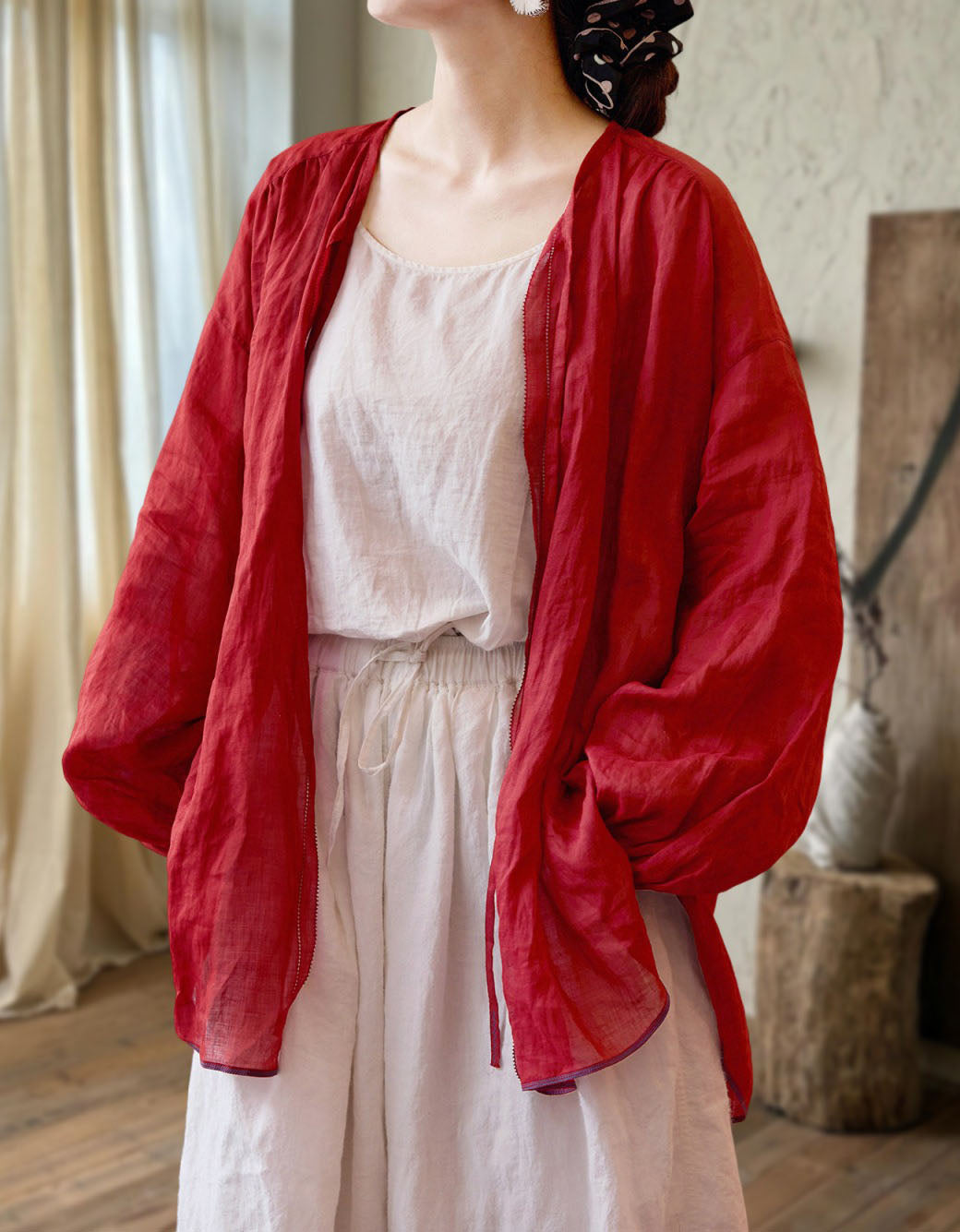 Lightweight red linen jacket womens beach cover up side view