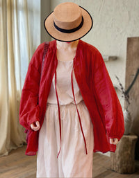 Womens loose red linen outerwear natural fabric summer style front view