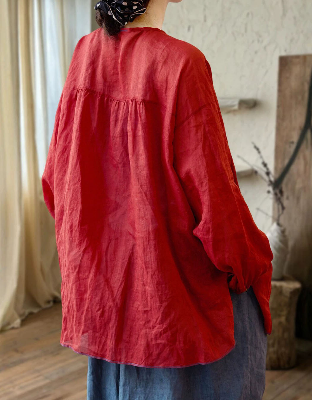 Womens loose red linen outerwear natural fabric summer style back view