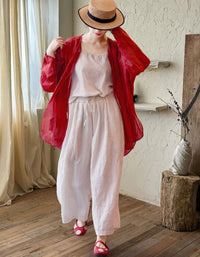 Red linen kimono cardigan casual summer layering piece full view