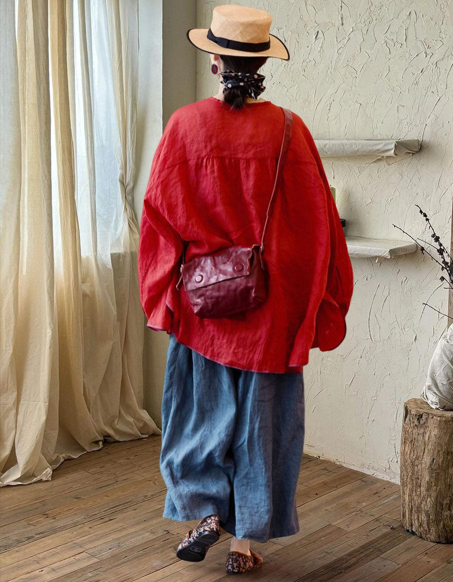 Red linen kimono cardigan casual summer layering piece back view