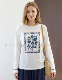 Women’s White Floral Print Long Sleeve Casual Top