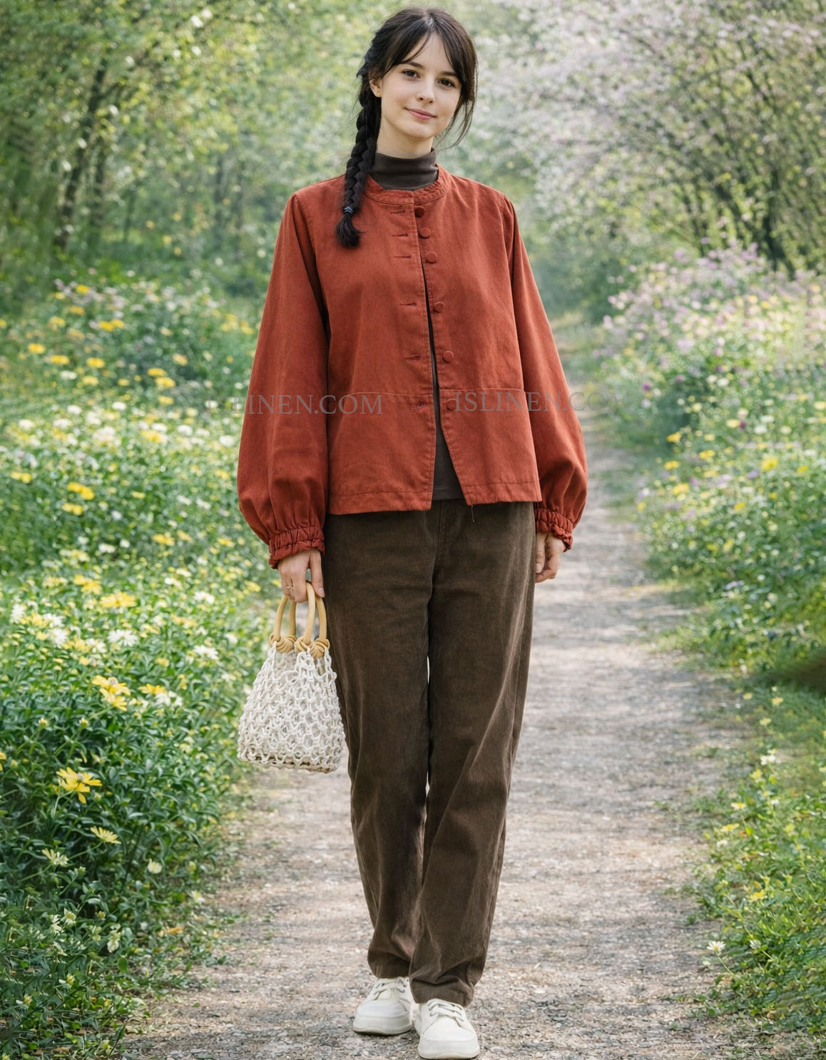 Woman in a rust-colored jacket and brown pants standing on a path with flowers and trees in the background