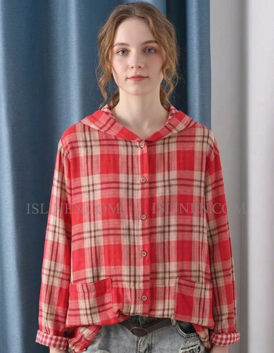 Red Plaid Button-Up Shirt with Hood for Women