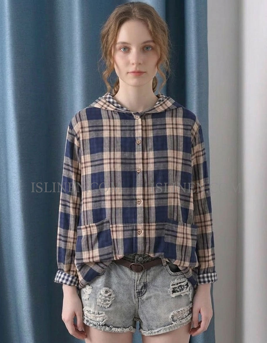 Navy Casual Oversized Checkered Shirt with Pockets