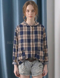 Navy Casual Oversized Checkered Shirt with Pockets