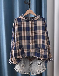 Navy Women’s Long Sleeve Red Flannel Hoodie Shirt