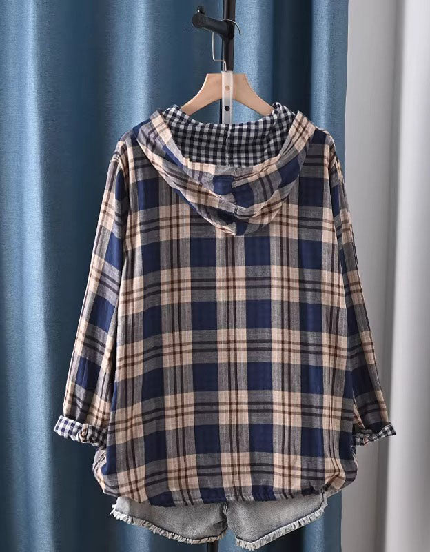 Women’s cozy navy plaid hoodie shirt with buttons back view