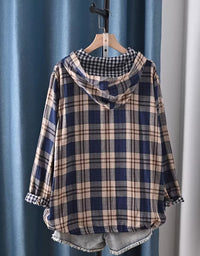 Women’s cozy navy plaid hoodie shirt with buttons back view