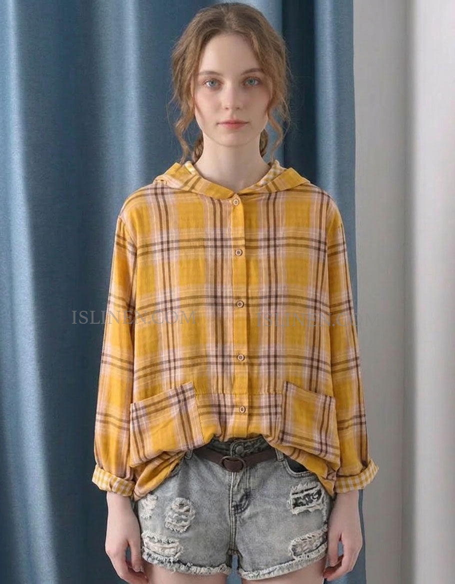 Yellow Casual Oversized Checkered Shirt with Pockets