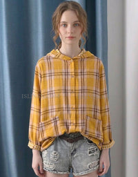 Yellow Casual Oversized Checkered Shirt with Pockets