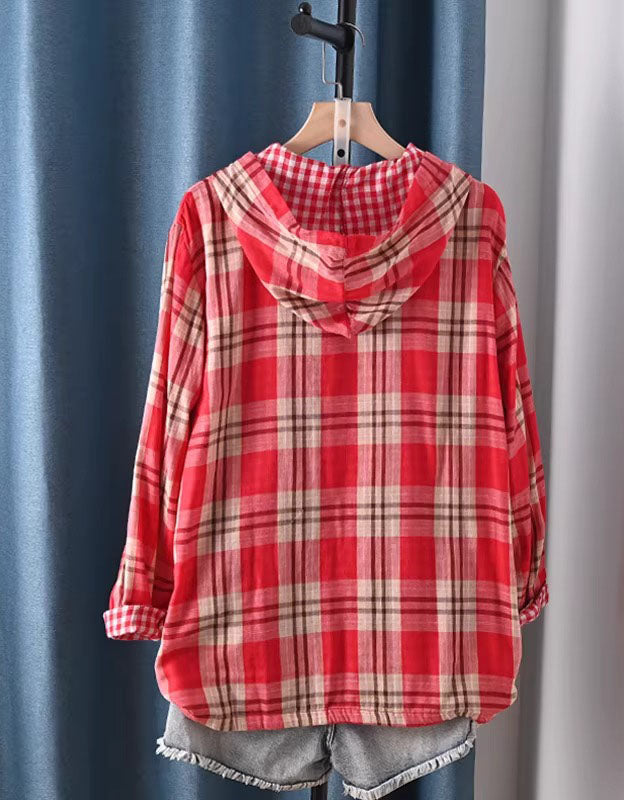 Women’s cozy red plaid hoodie shirt with buttons back view