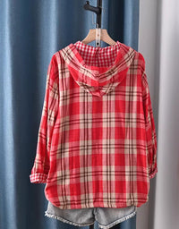 Women’s cozy red plaid hoodie shirt with buttons back view