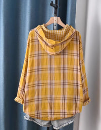 Women’s cozy yellow plaid hoodie shirt with buttons back view