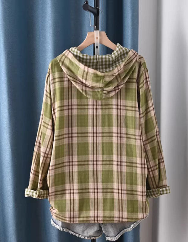 Women’s cozy green plaid hoodie shirt with buttons back view